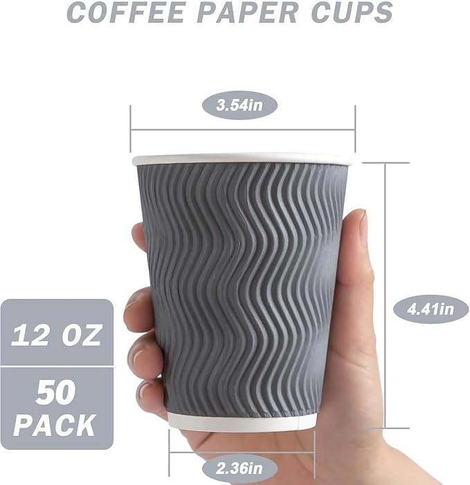 Clawsoff 50 Pack 12 oz Coffee Cups Disposable Insulated Paper Cup Gray | - Image 2