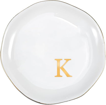 ProCase Ceramic Jewelry Tray, Initial Ring Dish Trinket Plate Engagement Gift, Small Personalized Monogram Ring Bowl for Wedding, White Decorative Jewelry Holder for Women Vanity -Letter K