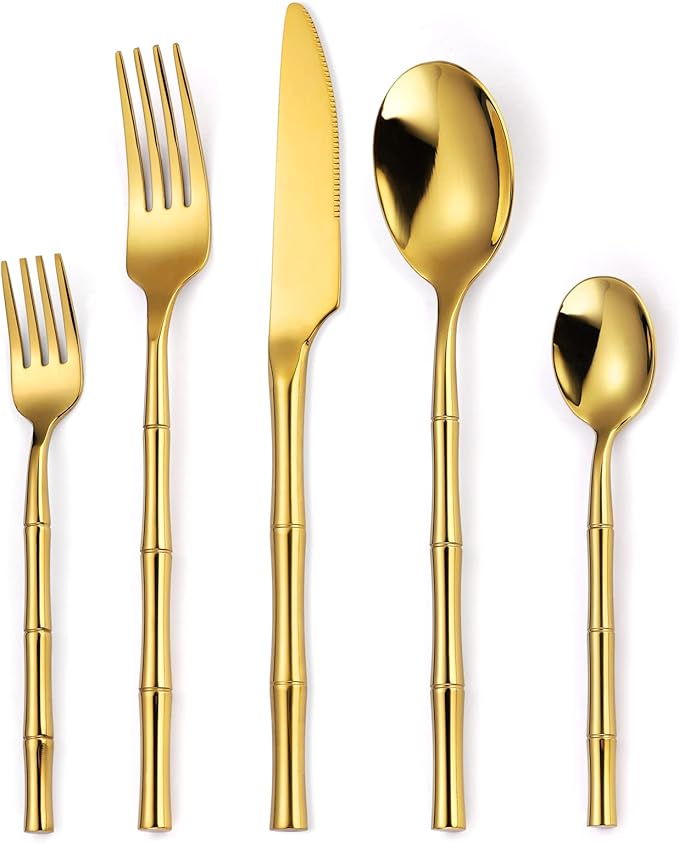 Bamboo Flatware Set Gold Silverware Set Stainless Steel Cutlery Set 20 Pieces by MetalServingUtensils