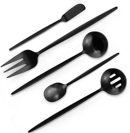 VANVRO Matte Black Serving Silverware Set, 5-Piece Round Shared Utensils Set of by VANVRO