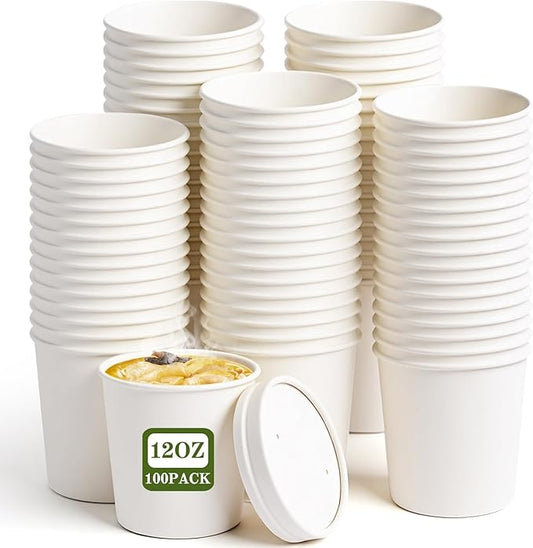 100Pack 12oz Soup Containers with Vented Lids, Disposable Food Containers Paper Ice Cream Cups Kraft Dessert Soup Bowls, Microwavable and Freezer Safe for Hot Soup, Ice Cream (100 Pcs - White, 12 oz)