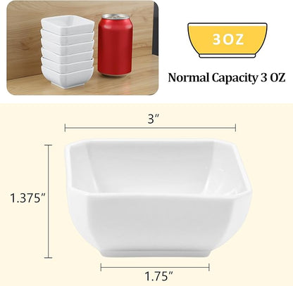 Yedio 3 Oz Square Dip Bowls Set of 6, White Ceramic Dipping Sauce Dishes, Mini Condiment Bowls for Soy Sauce, Sushi, BBQ, Ketchup, Vinegar, Party & Daily Use