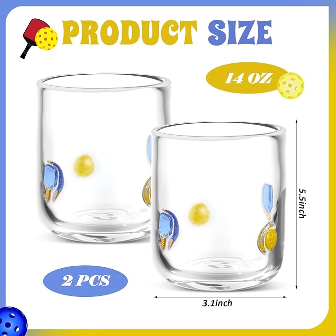 SiliFine 2 Pcs Racket and Yellow Ball Icon Juice Glasses - 14oz Sport Stemless - Image 3