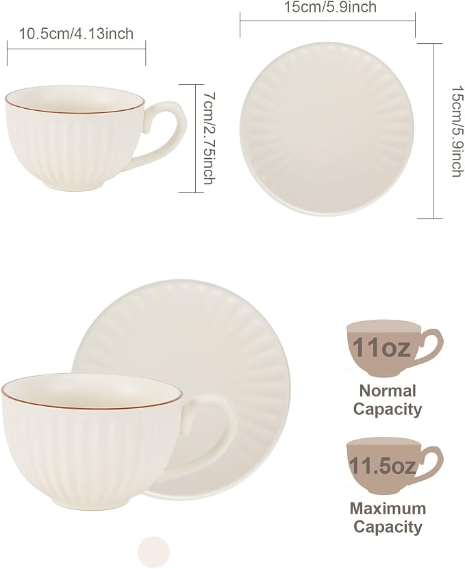 11.5oz Ceramic Cappuccino Cup and Saucer Set, Large Coffee Cup - Image 2