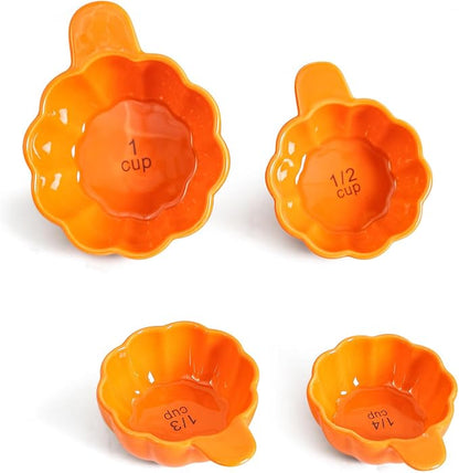 Pumpkin Ceramic Measuring Cups, 4-Piece Set, ⅓ & ¼ Cup Sizes, Baking & Cooking by Yeexoxow