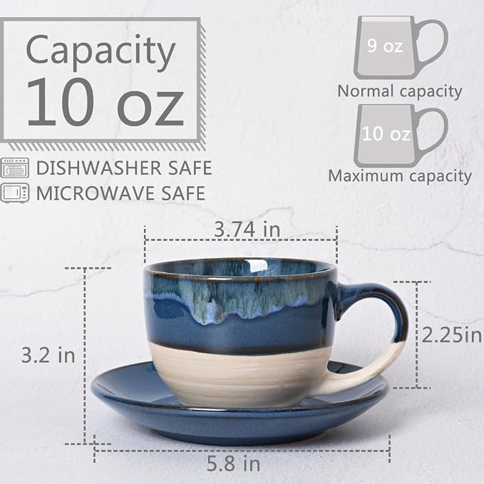 Bosmarlin Ceramic Cappuccino Cup and Saucer Set of 2, 10 Oz, Coffee Cups - Image 2