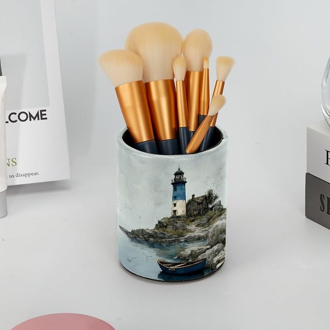 Leather Pen Holder for Desk, Coastal Lighthouse Pencil Cup Pen Organizer Makeup - Image 6