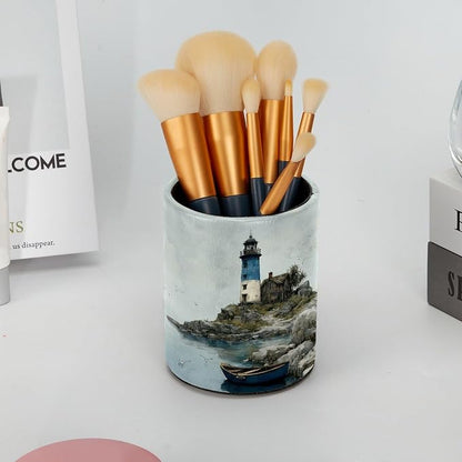 Leather Pen Holder for Desk, Coastal Lighthouse Pencil Cup Pen Organizer Makeup - Image 6