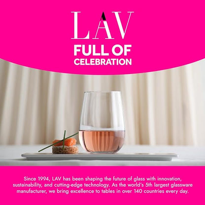 LAV Stemless Red & White Wine Glasses Tumbler Set of 4 - Drinking Glassware for Water Champagne Martini Mimosa Prosecco Cocktail Sangria - Short 16 oz No Stem Glasses Dishwasher Safe