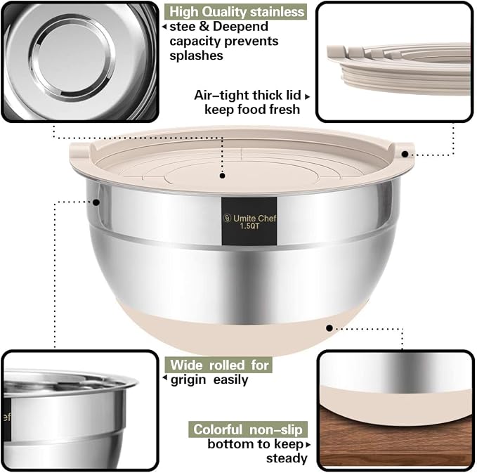 Umite Chef Mixing Bowls with Airtight Lids, 6 piece Stainless Steel Metal - Image 5