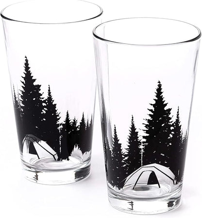 Black Lantern Camping in the Woods Pint Glass Set 16oz Nature-Themed Beer Glasses for Outdoor & Craft Beer Lovers (Set of 2)