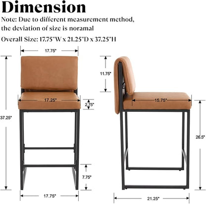Modern Barstools Set of 2, 26” Upholstered Counter Height Bar Stools PU Leather Fabric Counter Stools with Padded Back Metal Frame for Kitchen Island Dining Room, Brown