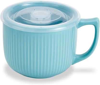 Ceramic Soup Bowl with Handle & Lid, Large 32oz Microwave Ramen Bowl Blue | by Hoilse