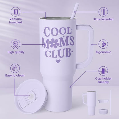 SANDJEST Gift for Mom - Cool Mom Club Stainless Steel Tumbler with Handle, Travel Coffee Mug for Moms - Gifts for Birthday Christmas Mothers Day, 40oz