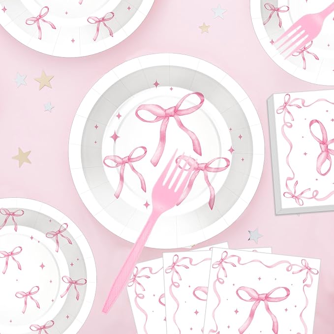 100 Pcs Pink Ribbon Bow Party Supplies Set, Serves 25 – Disposable Paper Plates - Image 3