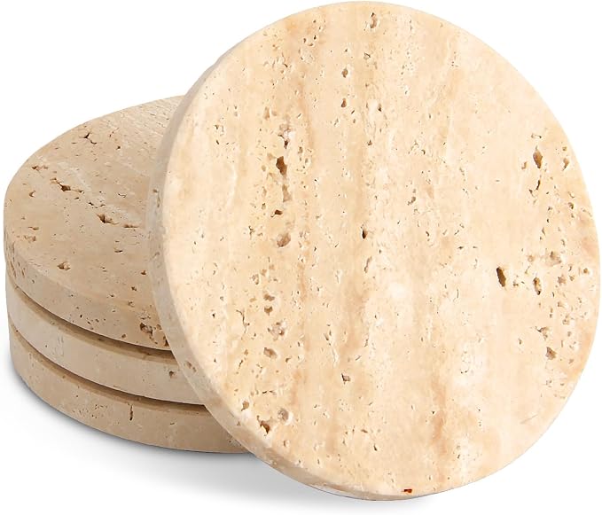 Natural Travertine Coasters Set of 4, 4 inch Round Stone | Stone Coasters - Image 2