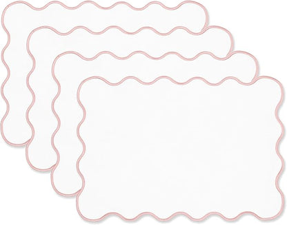 Hofdeco Premium Coastal Patio Indoor Outdoor Placemat Set of 4, 14"x19" Double-Layered, Waterproof Cloth Placemat for Kitchen or Dining Table. Blush Pink Embroidered Solid A