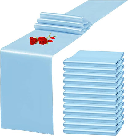 12 Pack Light Blue Satin Table Runner 12 x 108 Inch Long Premium Table Runners by YMHPRIDE
