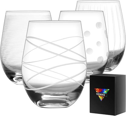 Etched Stemless Wine Glasses for Red or White Wine (Set of 4), 18-Ounces, Large Wine Glasses for Cabernet, Pinot Noir, Burgundy, Bordeaux, Clear, Etched