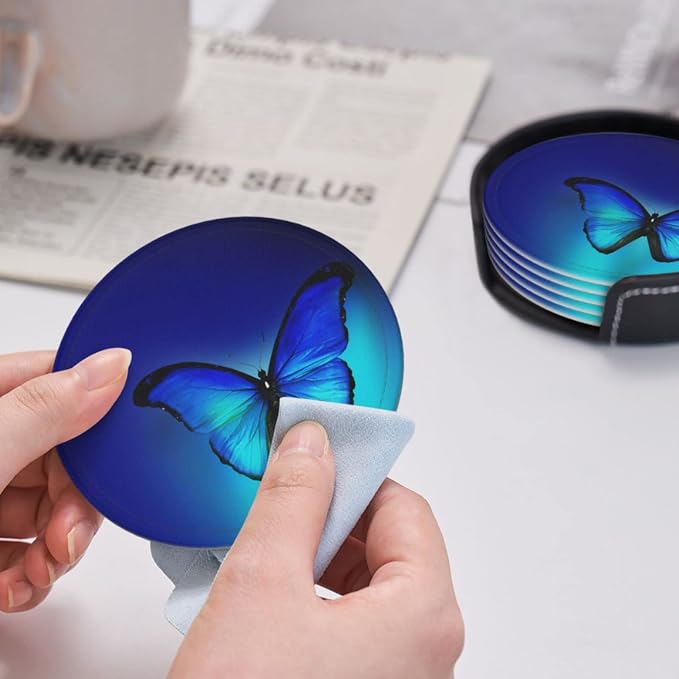 6 Pcs Blue Butterfly Leather Coasters - Image 6