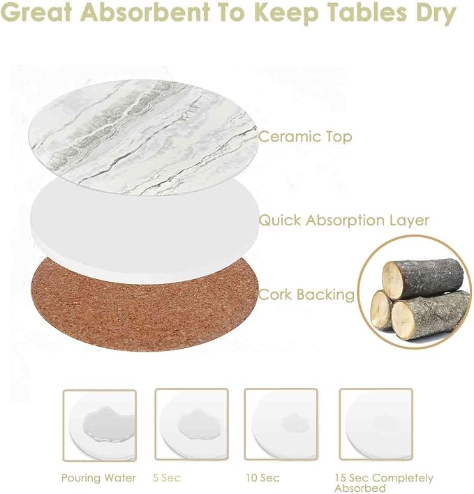 Drink Coasters with Holder 6 Pack, Ceramic Marble Style, Absorbent Abstract - Image 3