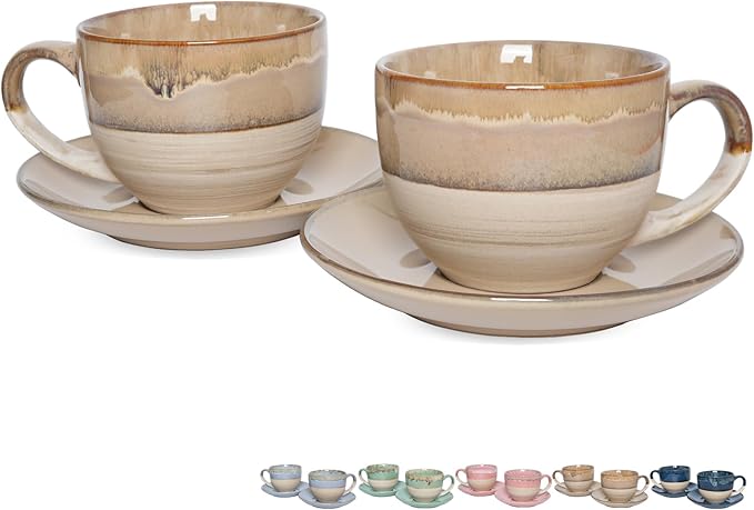 Bosmarlin Ceramic Cappuccino Cup and Saucer Set of 2, 10 Oz, Coffee Cups by Bosmarlin