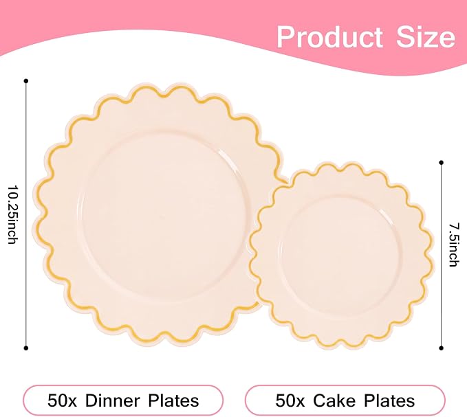 LIYH 100 Pcs Pink Plastic Plates Set, Wide Gold Scalloped Edge - Image 2