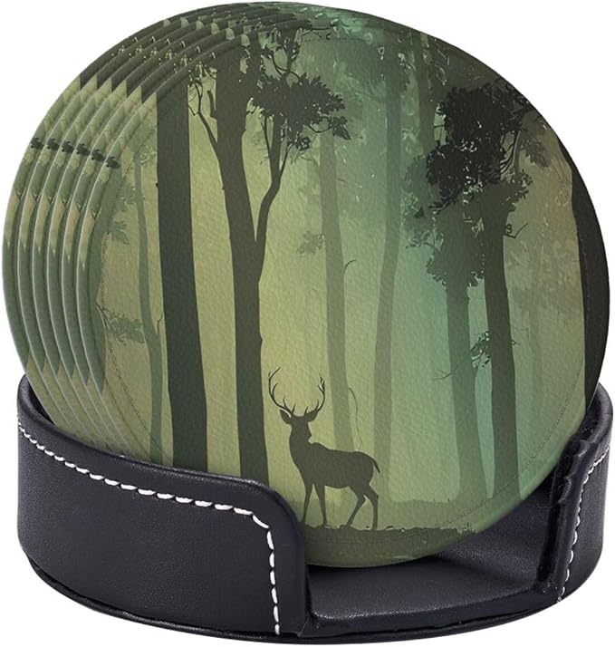 6 Pcs Deciduous Forest Bird Deer Leather Coasters - Image 6