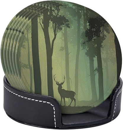 6 Pcs Deciduous Forest Bird Deer Leather Coasters - Image 6