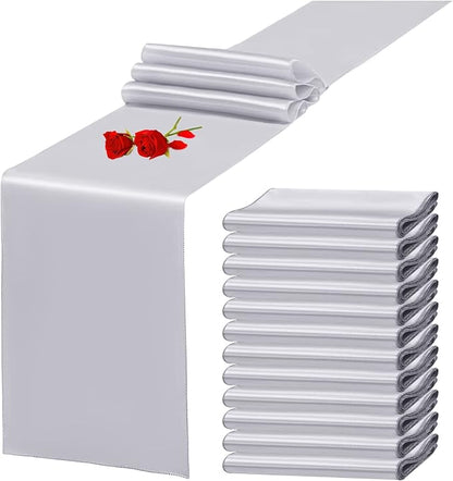 12 Pack Silver Satin Table Runner 12 x 108 Inch Long Premium Table Runners by YMHPRIDE