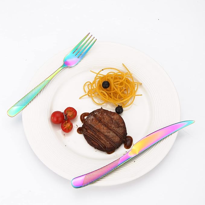Hammered Silverware Rainbow Stainless Steel Flatware Set - Image 7