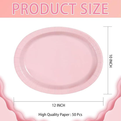 Grencian 50Pcs Pink Oval Paper Plates 10" x 12" Large Disposable 400GSM Heavy Duty Light Pink Paper Plates for Valentine's Day Girls Women Birthday Wedding Bridal Shower Baby Shower Party Supplies