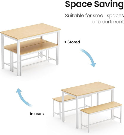 Dining Table Set for 4, Wooden Kitchen Table and 2 Benches Set with Metal Frame, Rectangular Dining Room Table Set for Small Space, Living Room, Apartment, Breakfast Nook, 43.3" L x 23.6" W x 29.9" H