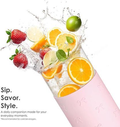 SANDJEST Glass Tumbler with Straw and Lid, Bow Glass Water Bottle with Silicone - Image 4