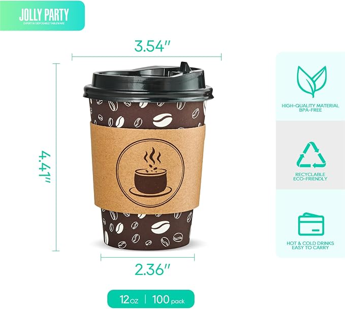 JOLLY PARTY Disposable Coffee Cups - 12oz Paper Coffee Cups with Lids - Image 2