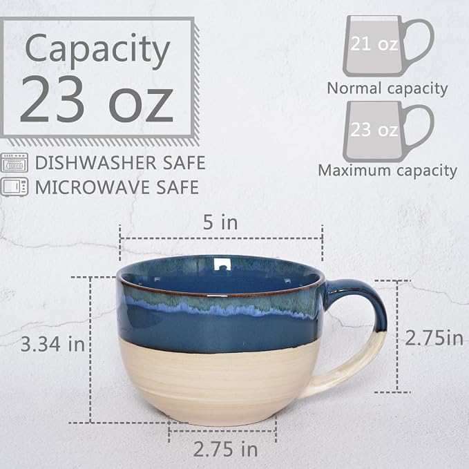 Ceramic Jumbo Coffee Mug Set of 2, 23 Oz, Large Mug Soup Bowls - Image 2