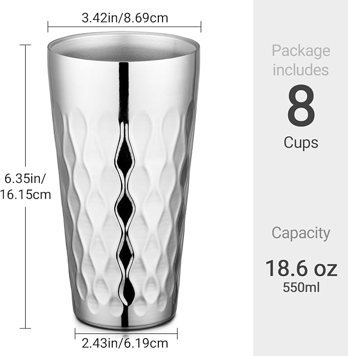 Beasea Stainless Steel Cups 19 oz, 8 Pack Large 18.6oz 550ml Stainless Steel - Image 2