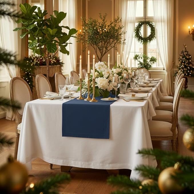 D'Moksha Homes Linen Table Runner 48 Inches - 100% Pure Linen Navy Blue Table Runner 14 x 48 Inch for Coffee Tables, Dresser, Easter - Machine Washable