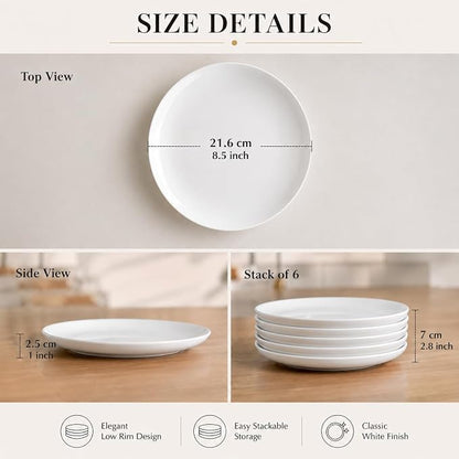 White Salad Plates Set of 6, 8.5 Inch Ceramic Plates – White Porcelain - Image 3