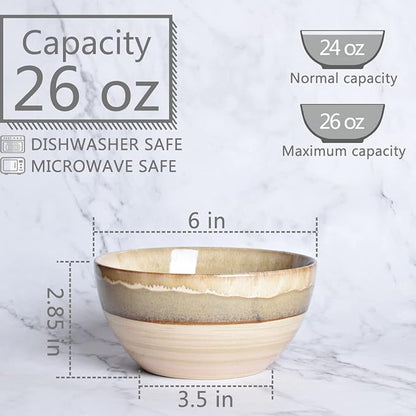 Bosmarlin Stoneware Soup Bowl Set of 4, 26 Oz, Cereal Bowl for Oatmeal, Dishwasher and Microwave Safe, Reactive Glaze (Brown Grey, 6 in)