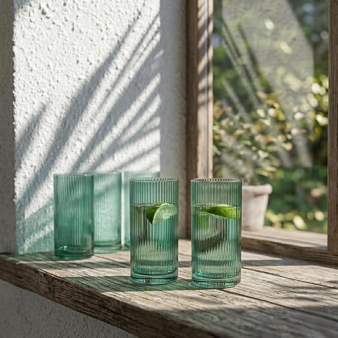 Physkoa Sage Green Ribbed Drinking Glasses Set of 6 – Vintage Embossed Highball - Image 2