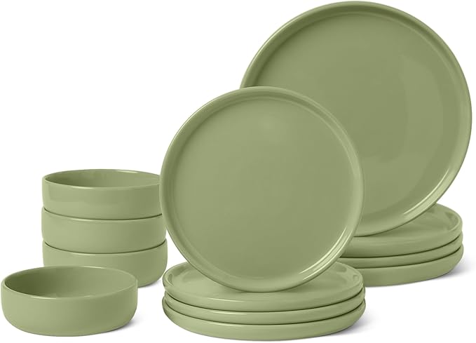 Amazon Basics Glazed Stoneware Dinnerware, 12-Piece Set, 4 Full Place Settings by AmazonBasics