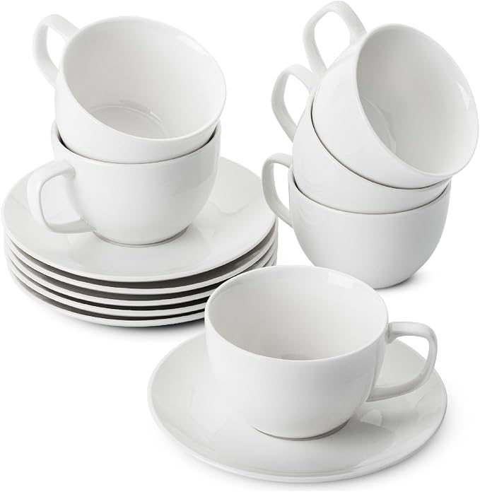 BTaT- Cappuccino Cups with Saucers 6 oz, Au Lait, Flat White, Dishwasher by BrewToATea