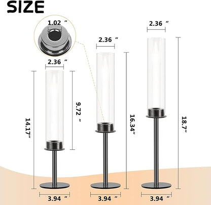 Hurricane Candle Holders Set of 3 Metal Candlestick Holder for Glass Taper Tall Candle Holders with Crystal Chimney Tube Candles Stands for Home Decor, Christmas, Dinning (3, Black)