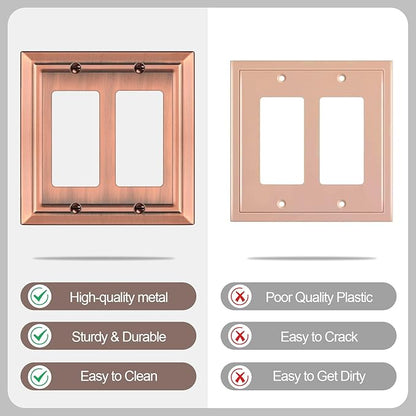 Metal Wall Plate for Electrical Outlets, Decorative Antique Copper Switch Plates Outlet Cover, Light Switch Cover Plate, 2-Gang Wall Plates (Double Decorator, 2 Pack)