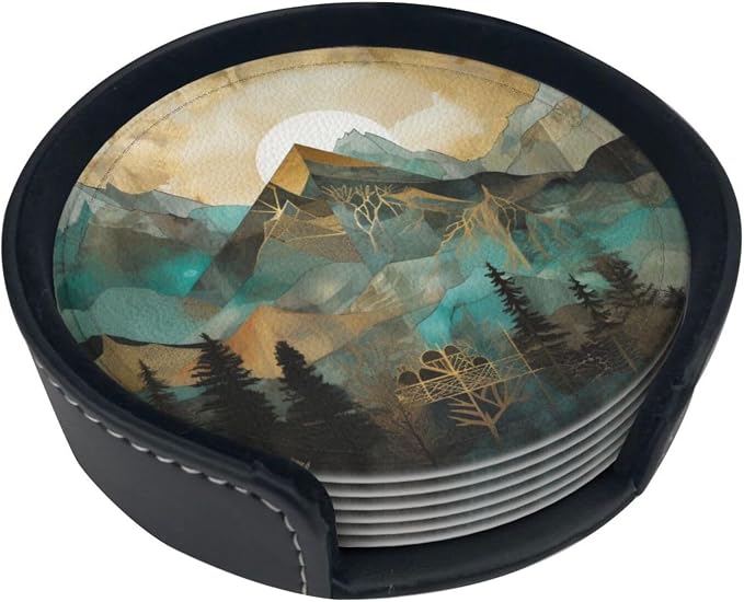 Mountains Trees Landscape Sunrise Leather Coasters Set of 6 by Unknown