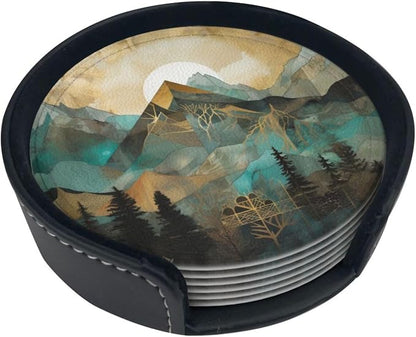 Mountains Trees Landscape Sunrise Leather Coasters Set of 6 by Unknown