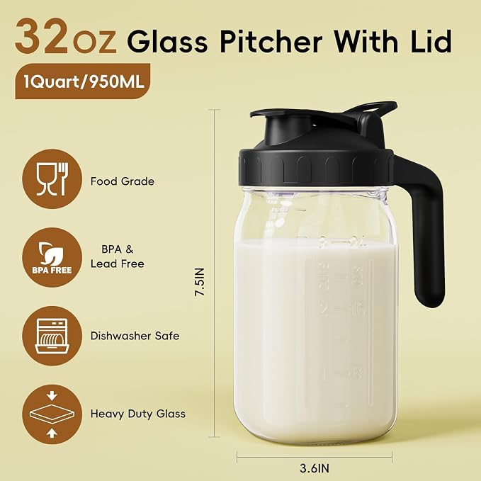 Breast Milk Pitcher, 32 oz Wide Mouth Glass Mason Jar | Dual Leak-Proof Lid - Image 2