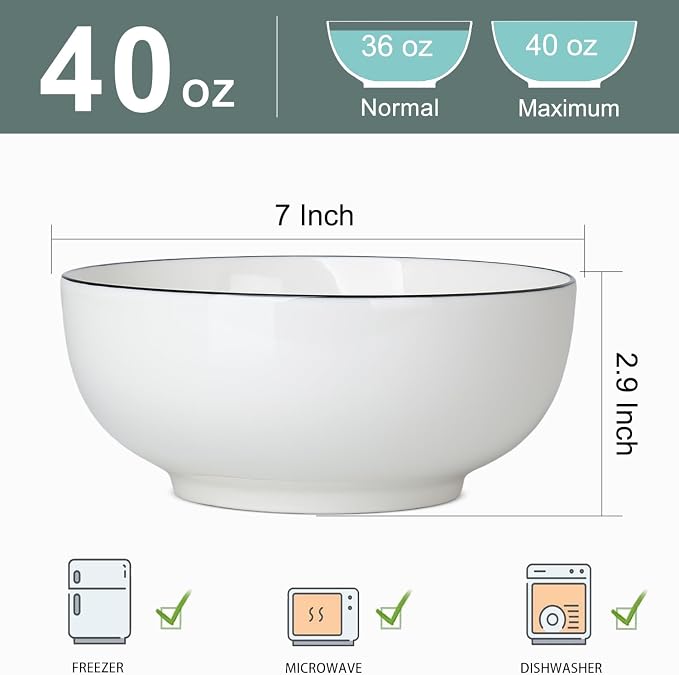 40 oz Soup Bowls, Ramen Bowls, Pho Bowls Set of 4, 7 Inch Rimmed Off White - Image 2