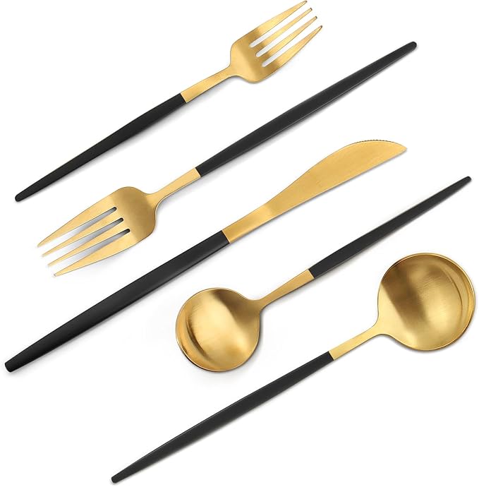 VANVRO Matte Black Gold Silverware Set, 40-Piece Stainless Steel Flatware Set by VANVRO